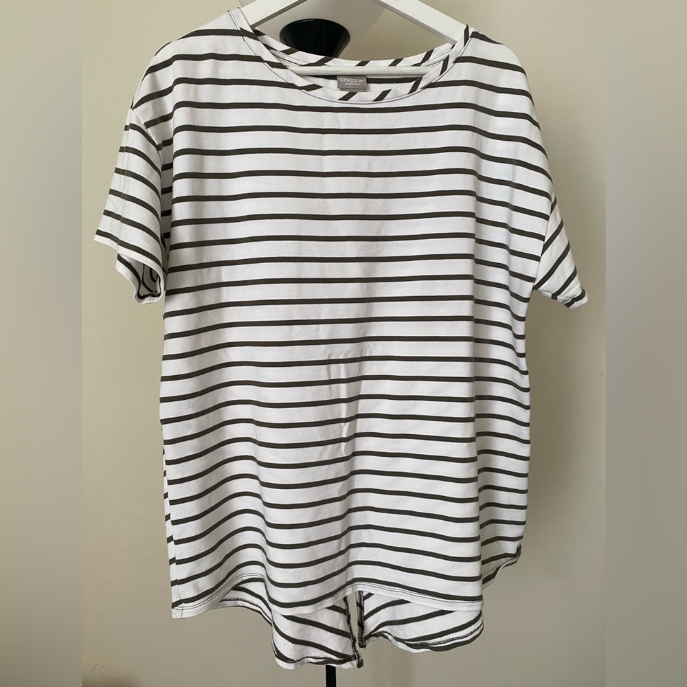Chico's White & Khaki Striped Short Sleeve Tee Cotton Blend